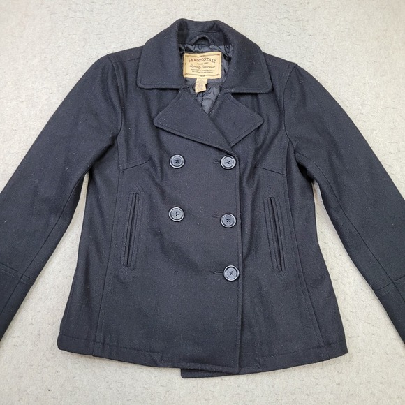 Aeropostale Pea Coat Ladies Medium Black Button Wool‎ Blend Outdoors Womens - Picture 2 of 8